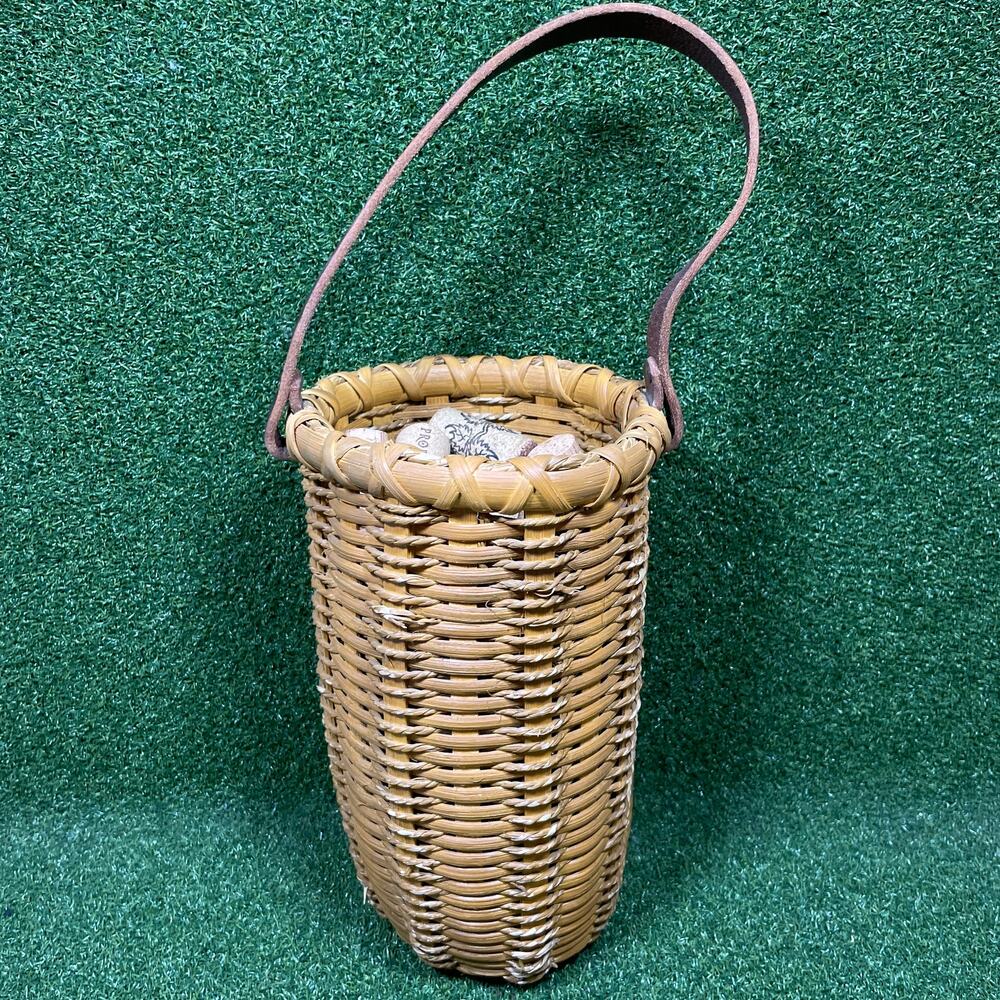 Vintage Tall Cylindrical Woven Wine Cork Basket Faux Leather Strap Handle